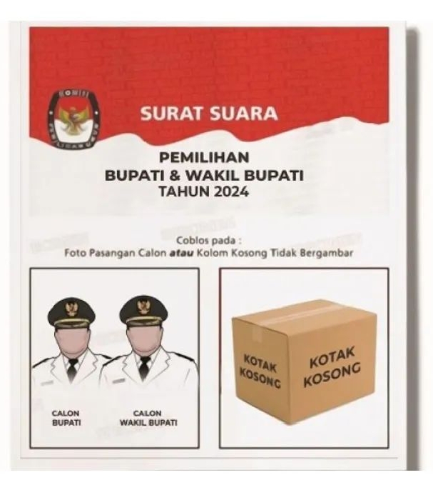 Ilustrasi skenario pemilihan di Aceh Tamiang yang menunjukkan kotak suara dengan dua pilihan: foto calon dan kotak kosong yang melambangkan 'kotak kosong