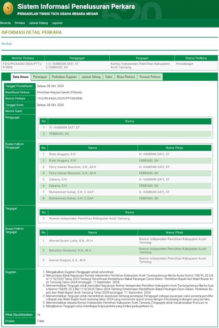 Tangkapan layar informasi detail perkara PT TUN Medan terkait gugatan Pilkada Aceh Tamiang oleh H. Hamdan Sati dan Febriadi