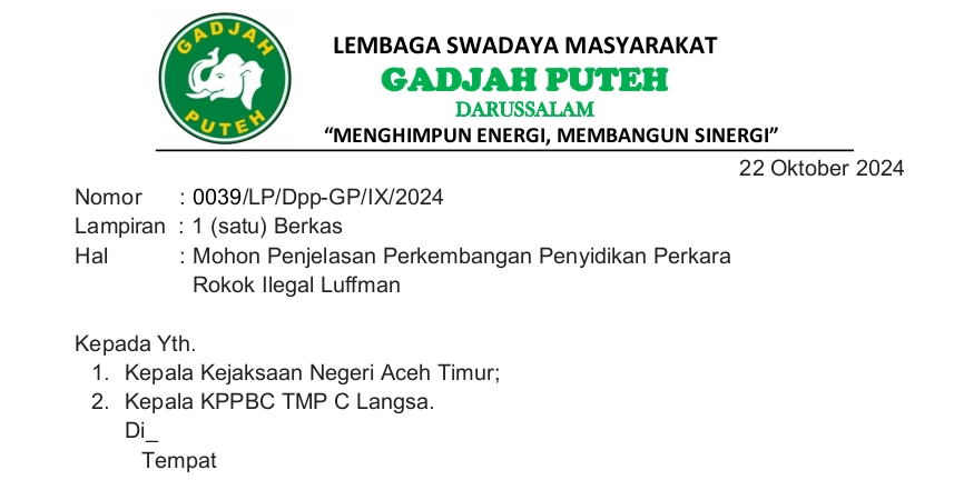 Direktur Eksekutif LSM Gadjah Puteh, Sayed Zahirsyah Al Mahdaly, mendesak transparansi penanganan kasus rokok ilegal Luffman di Aceh Timu