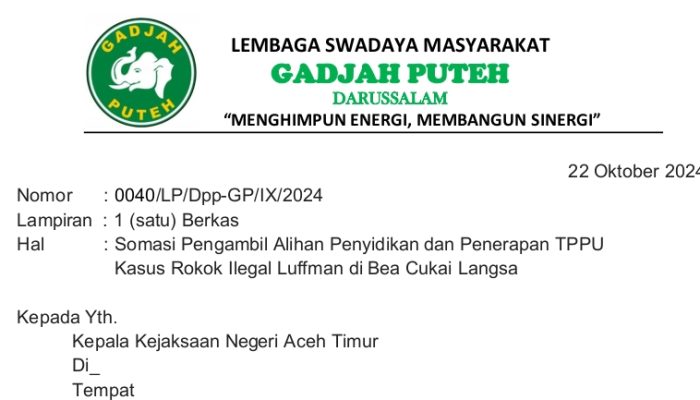Somasi Kejari Aceh Timur, Gadjah Puteh Mendesak Ambil Alih Penyidikan Kasus Rokok Ilegal dan Terapkan TPPU