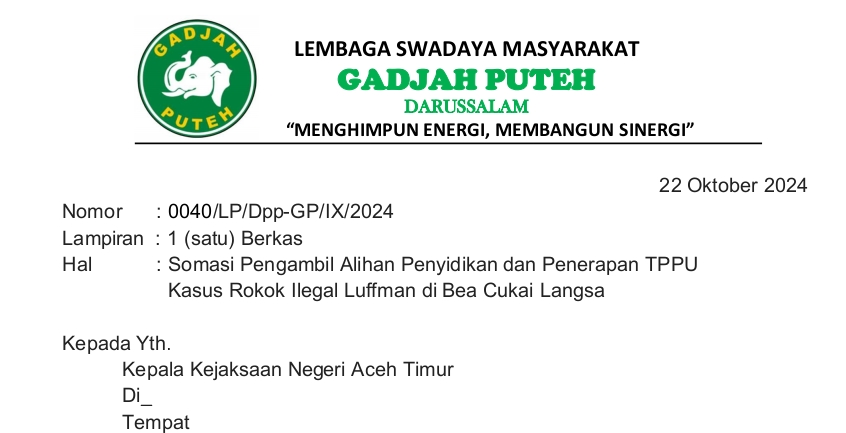 Somasi Gadjah Puteh kepada Kejari Aceh Timur terkait kasus rokok ilegal dan desakan penerapan TPPU
