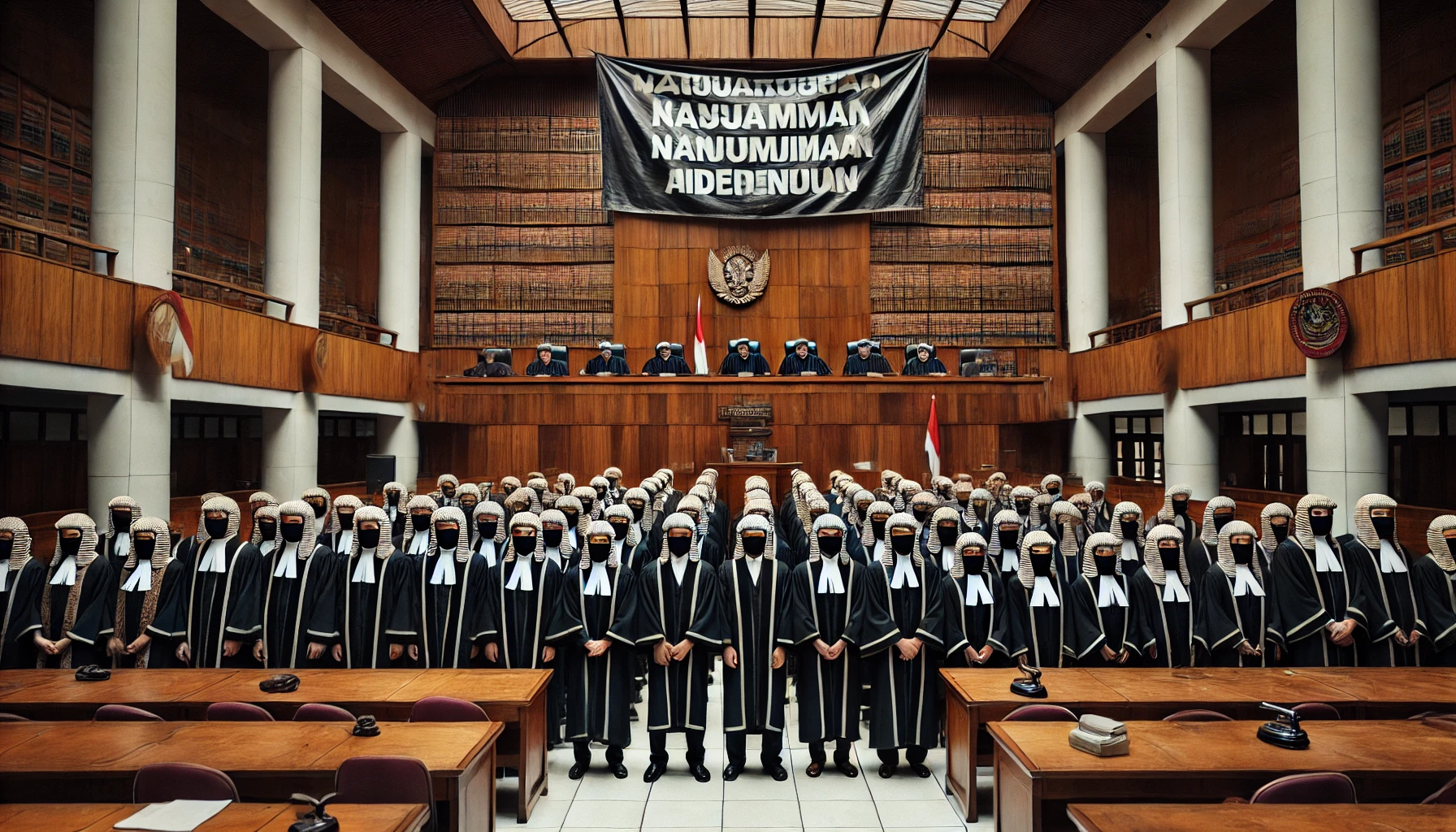 Hakim di Indonesia melakukan protes diam-diam di dalam ruang sidang dengan membawa spanduk tuntutan kenaikan gaji