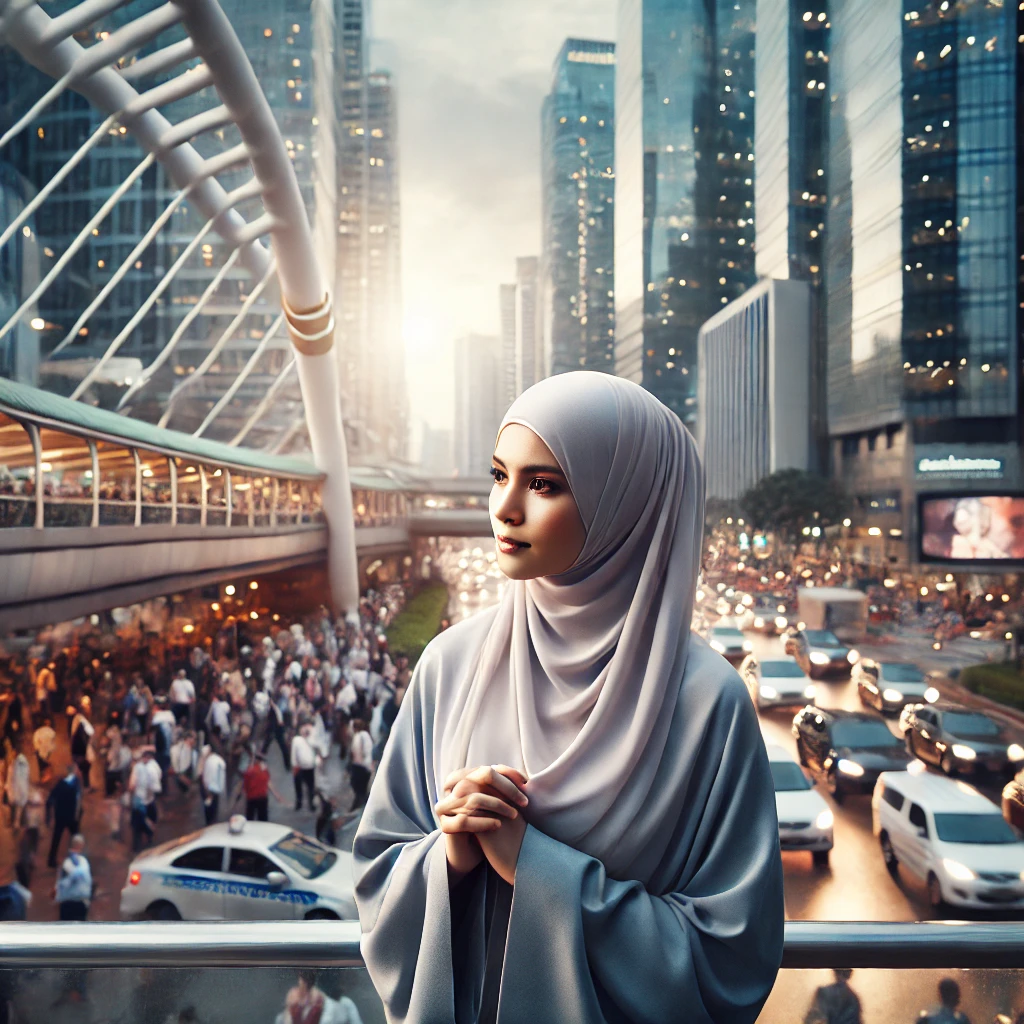 Seorang individu merenung di tengah keramaian, mengekspresikan gaya hidup bermartabat dengan latar belakang modernitas yang penuh tantangan