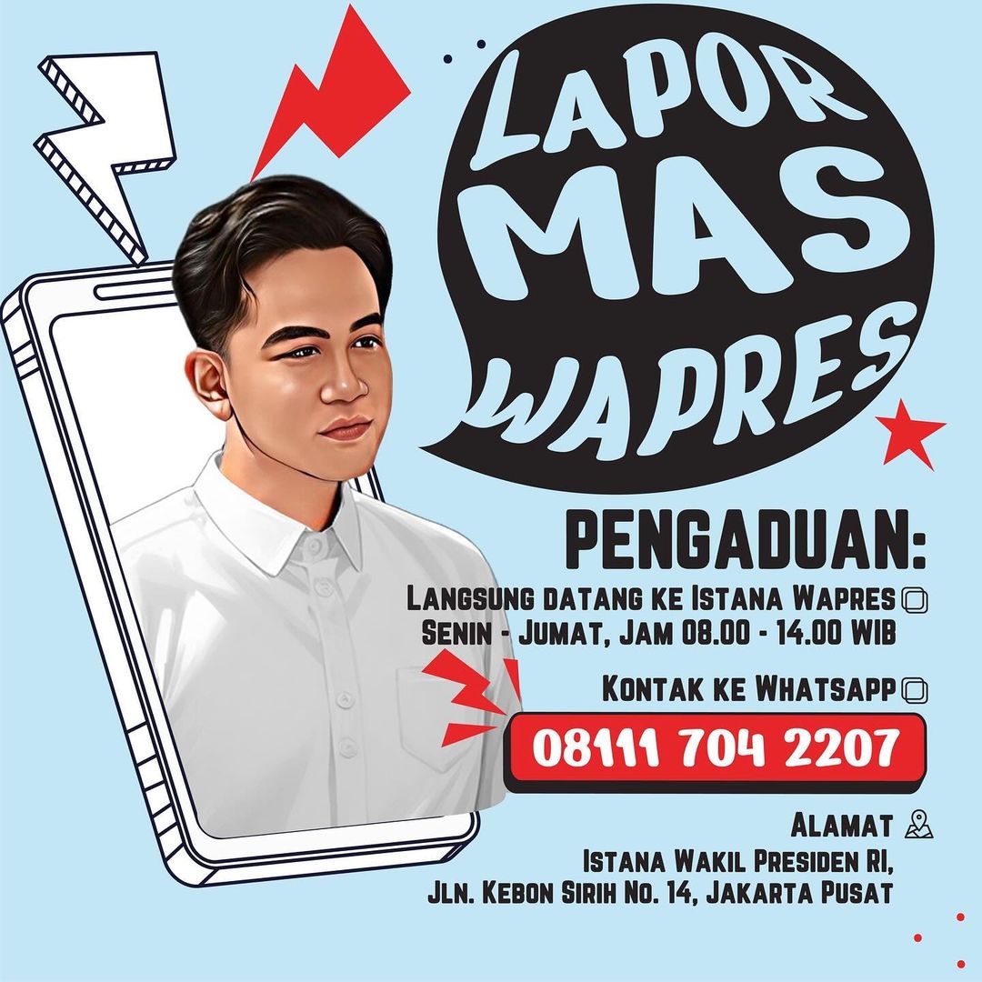 Poster layanan pengaduan "Lapor Mas Wapres" dengan ilustrasi wajah Wakil Presiden RI, menyediakan kontak WhatsApp untuk menerima laporan masyarakat
