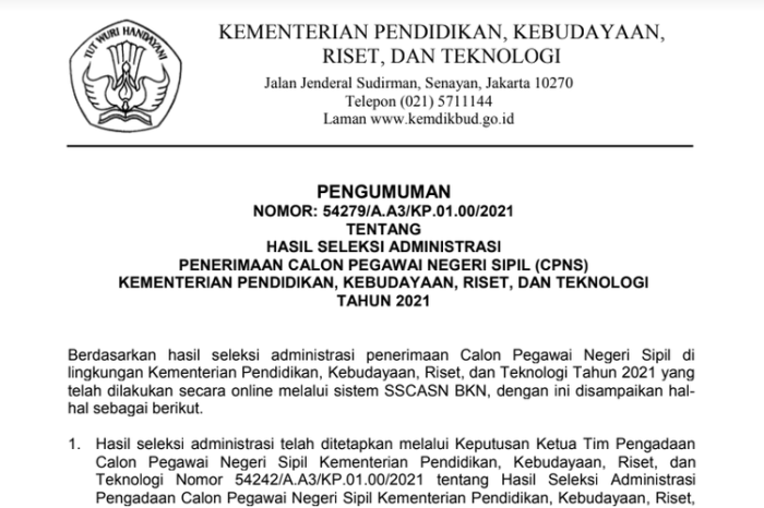 Pengumuman hasil seleksi administrasi cpns