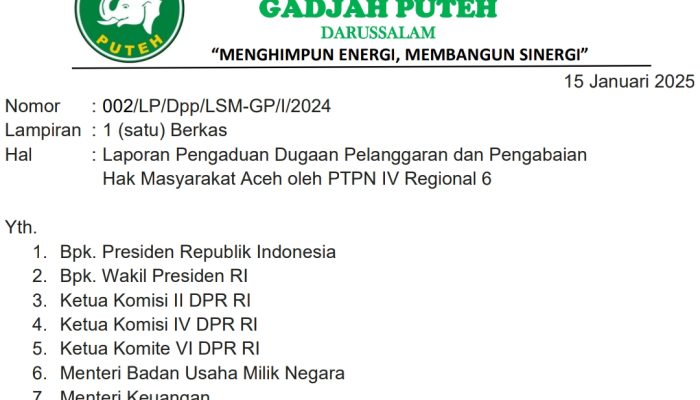 Gadjah Puteh Laporkan PTPN IV Regional 6 atas Dugaan Pelanggaran Hak Masyarakat Aceh