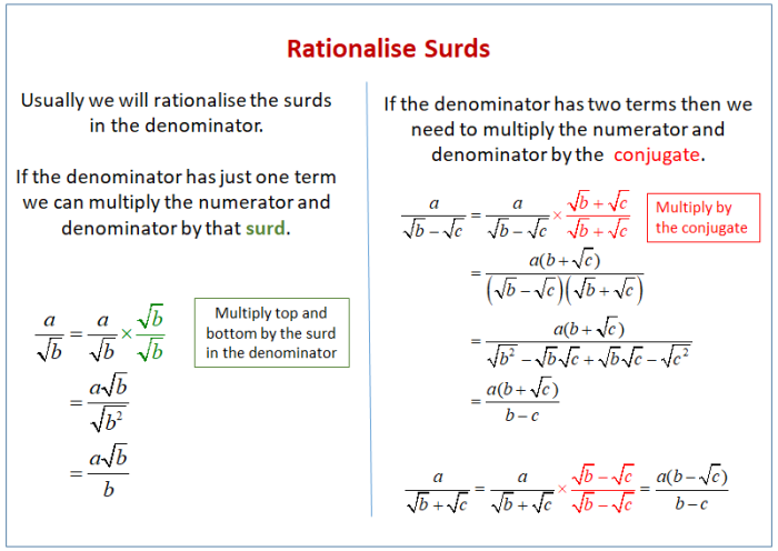 Surds entire calculations denominator rationalizing