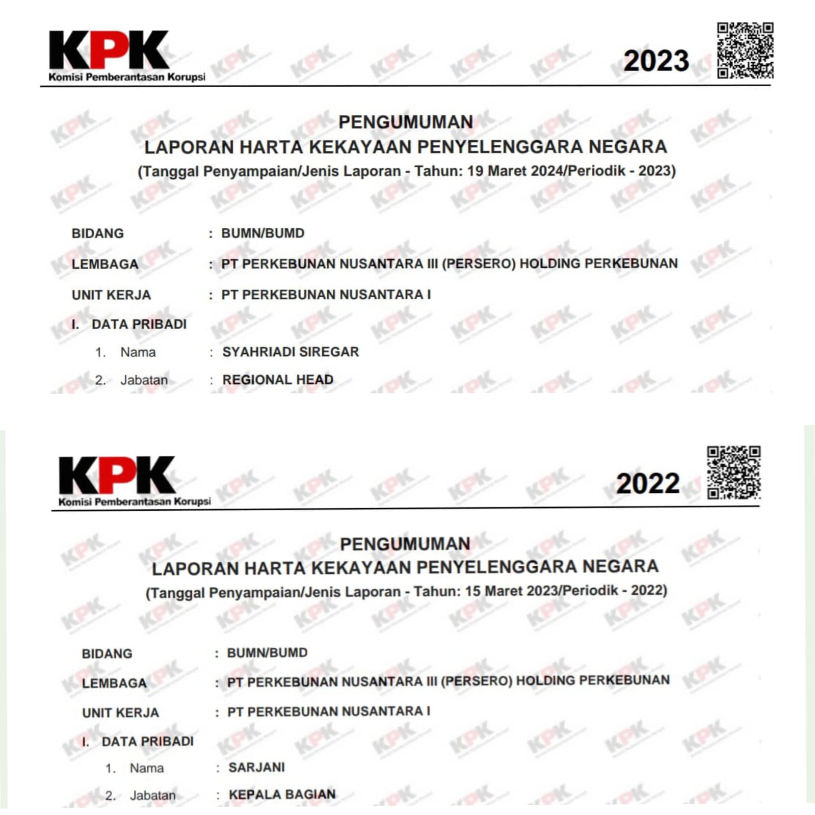 Rincian LHKPN dua pejabat penting di PTPN IV Regional 6 Langsa menunjukkan peningkatan signifikan dalam harta kekayaan mereka