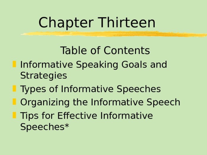 Informative speeches thirteen contents chapter table