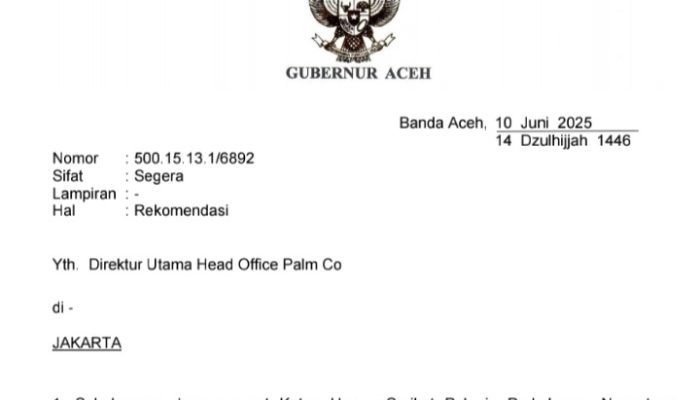 Gubernur Aceh Keluarkan Rekomendasi Pergantian Regional Head PTPN IV Regional 6