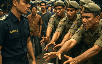 Ilustrasi sinematik petugas Bea Cukai dan Satpol PP saling berebut barang bukti rokok ilegal di tengah pasar, menggambarkan konflik kewenangan.