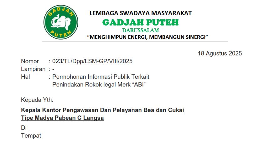 SM Gadjah Puteh melayangkan surat resmi ke Bea Cukai Langsa meminta transparansi terkait denda dan status 164 dus rokok ilegal merek ABI yang disita di Aceh Tamiang.