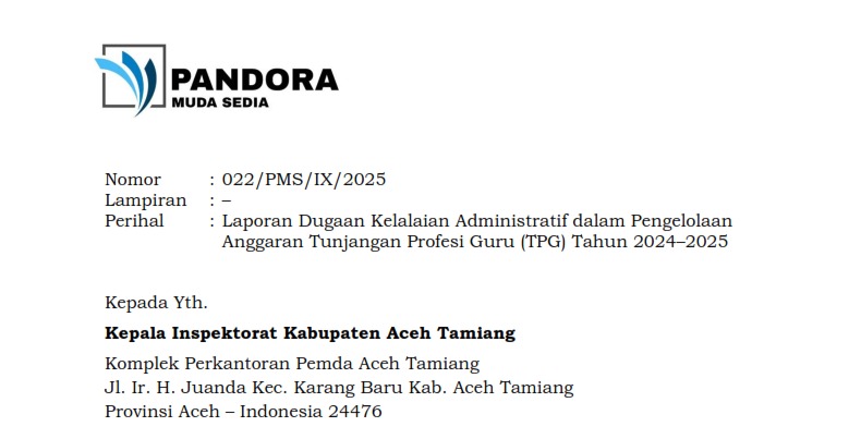 Spanduk ilustrasi tunjangan guru Aceh Tamiang yang belum cair sejak akhir 2024, dilaporkan LSM PANDORA MUDA SEDIA ke Inspektorat.