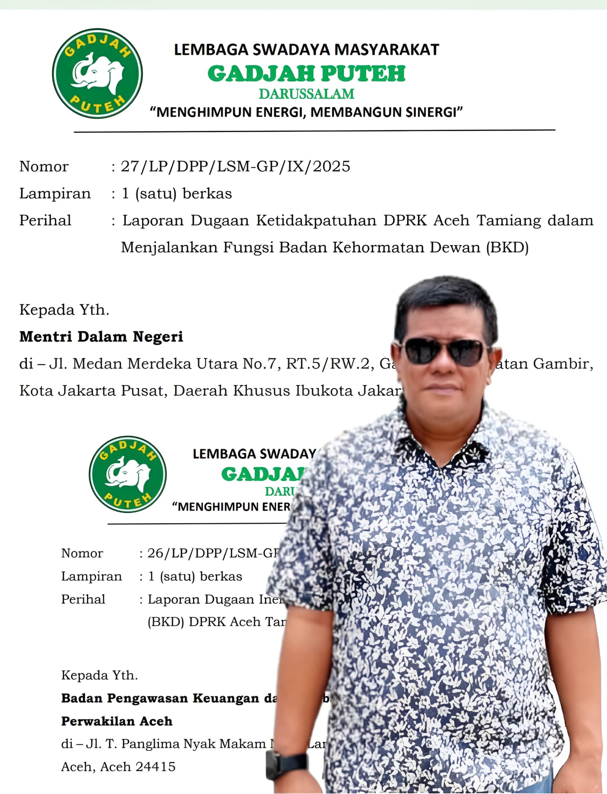 Ketua LSM Gadjah Puteh, Said Zahirsyah, menyoroti lemahnya tata kelola DPRK Aceh Tamiang melalui laporan resmi ke BPKP dan Kemendagri terkait ketiadaan tatib Badan Kehormatan Dewan.