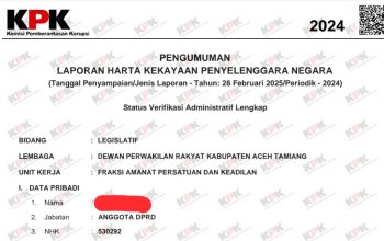 Harta kekayaan anggota DPRK Aceh Tamiang berinisial DA dilaporkan ke BKD dan diumumkan KPK, total hampir Rp3 miliar