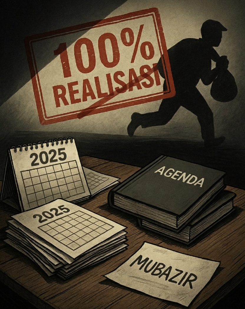 Ilustrasi tumpukan kalender dan buku agenda tidak terpakai di kantor pemerintahan, menggambarkan proyek pengadaan yang tidak bermanfaat dan berpotensi merugikan negara.