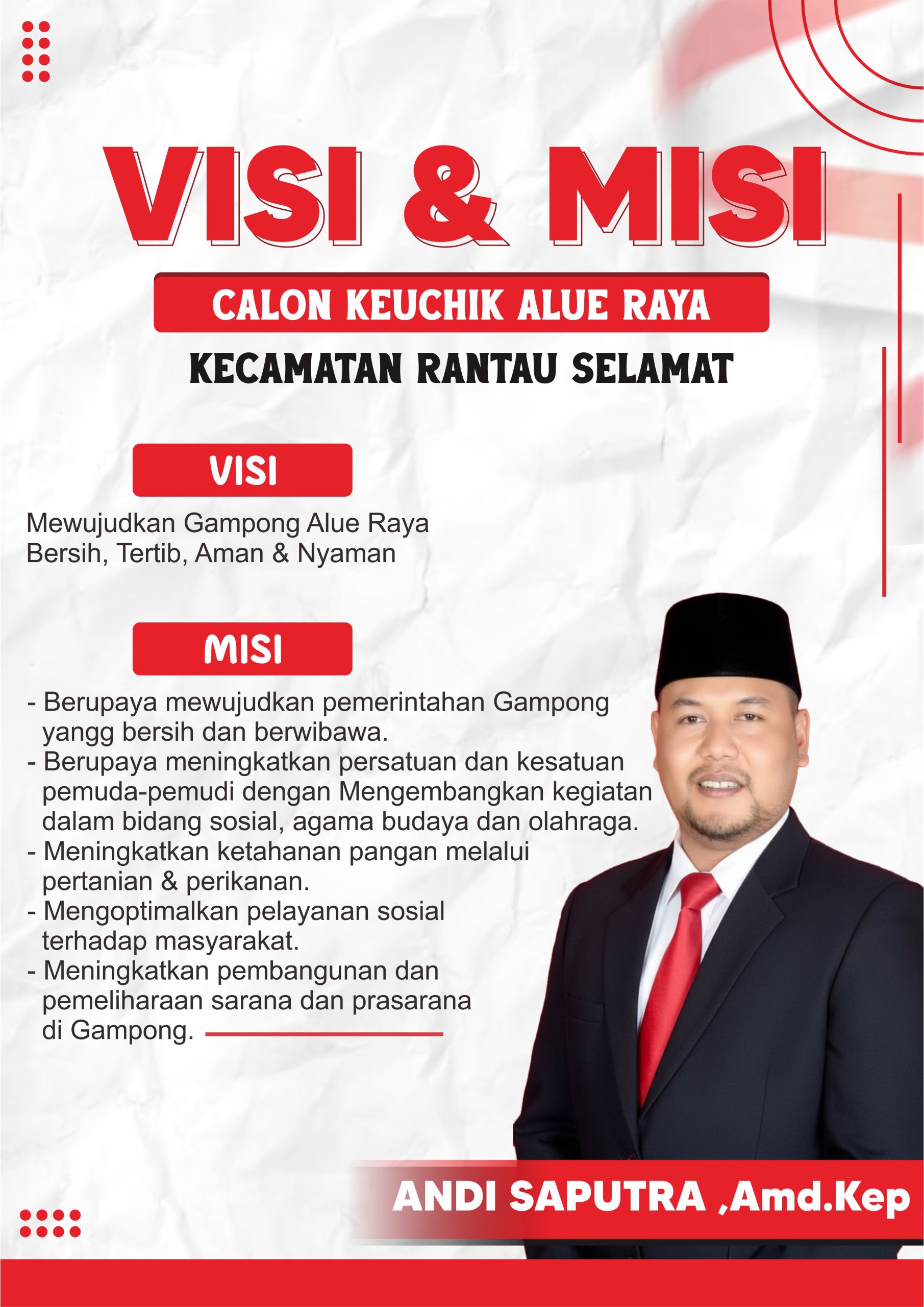 Poster visi dan misi Calon Keuchik Gampong Alue Raya, Kecamatan Rantau Selamat, menampilkan Andi Saputra, Amd.Kep dengan pakaian formal beserta poin visi dan misi pembangunan gampong