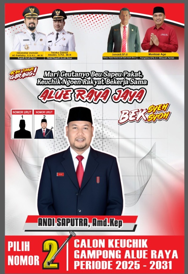 Kaum milenial Desa Alue Raya bersatu mendukung calon petahana Andi Saputra, A.Md.Kep dengan semangat muda, amanah, dan dinamis menjelang Pilchik 2026–2032 di Aceh Timur.