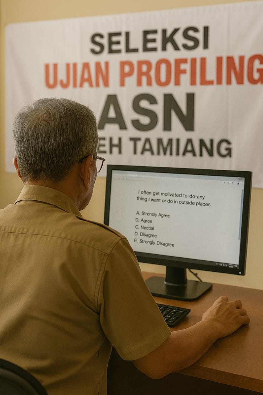 “ASN senior Aceh Tamiang mengikuti sesi profiling berbasis komputer dengan ekspresi letih di ruang ujian ber-AC.”