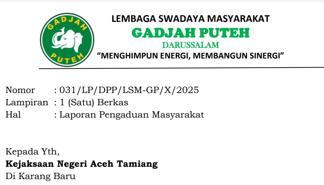 Surat laporan Gadjah Puteh terkait pengelolaan anggaran dan mutu layanan RSUD Aceh Tamiang yang disampaikan ke Kejaksaan Negeri Aceh Tamiang.