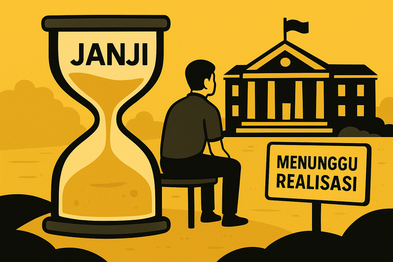 Ilustrasi dua pemimpin daerah Aceh Tamiang dengan latar gedung pemerintahan dan warga sedang menunggu realisasi janji kampanye.