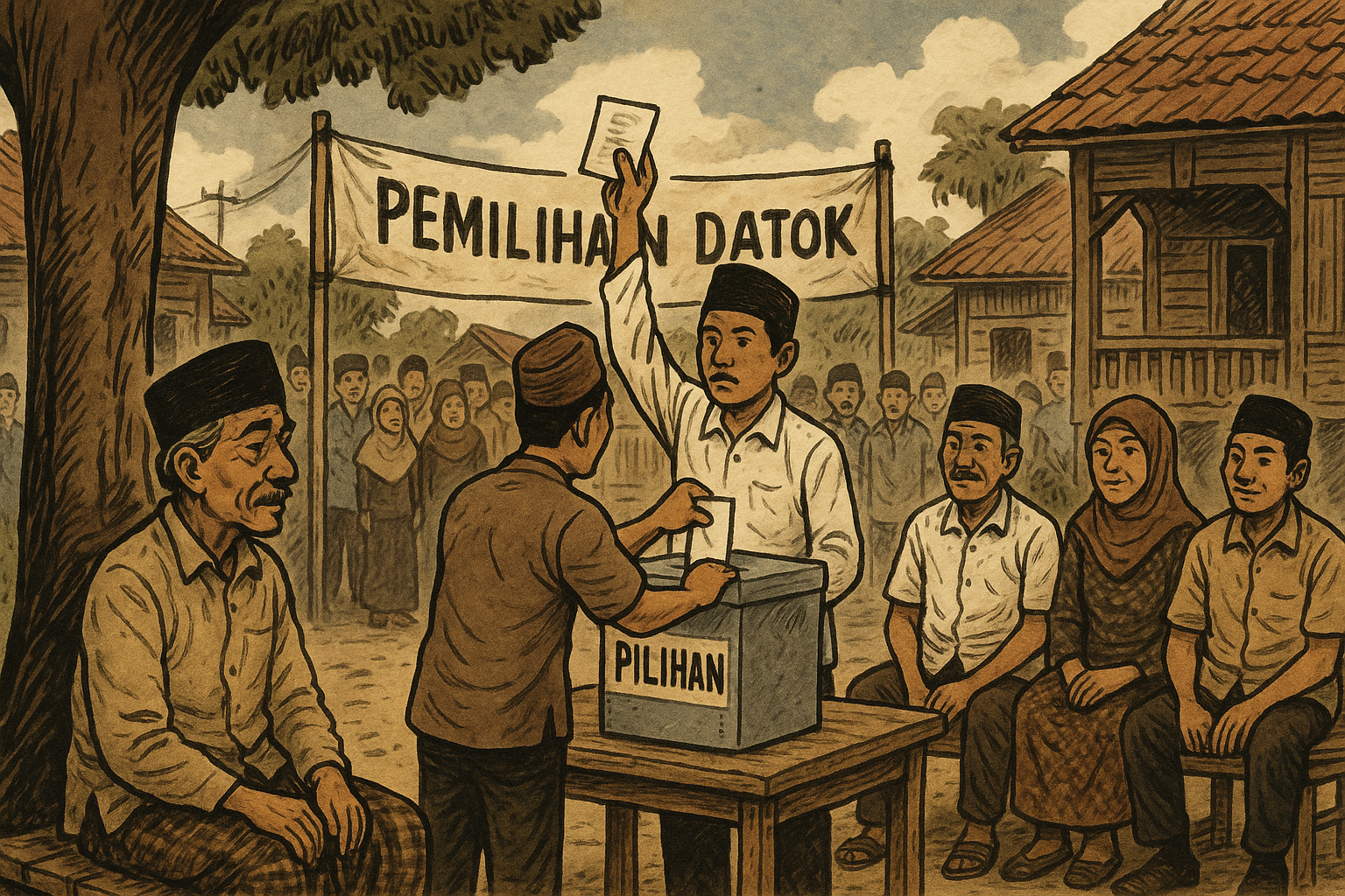 Ilustrasi pemilihan Datok di sebuah desa, menampilkan warga sedang mencoblos di kotak suara bertuliskan “Pilihan”, dengan latar rumah kayu dan spanduk “Pemilihan Datok”.