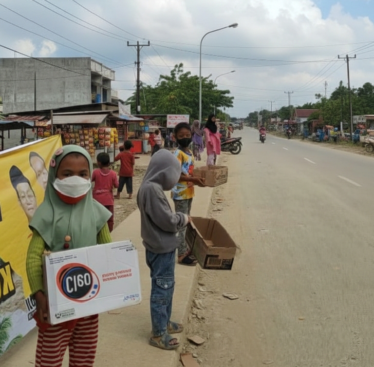 anak-anak korban banjir Aceh Tamiang berdiri di pinggir jalan membawa baskom kosong meminta sumbangan, kondisi psikologis anak pasca bencana banjir, potret kegagalan perlindungan anak oleh negara