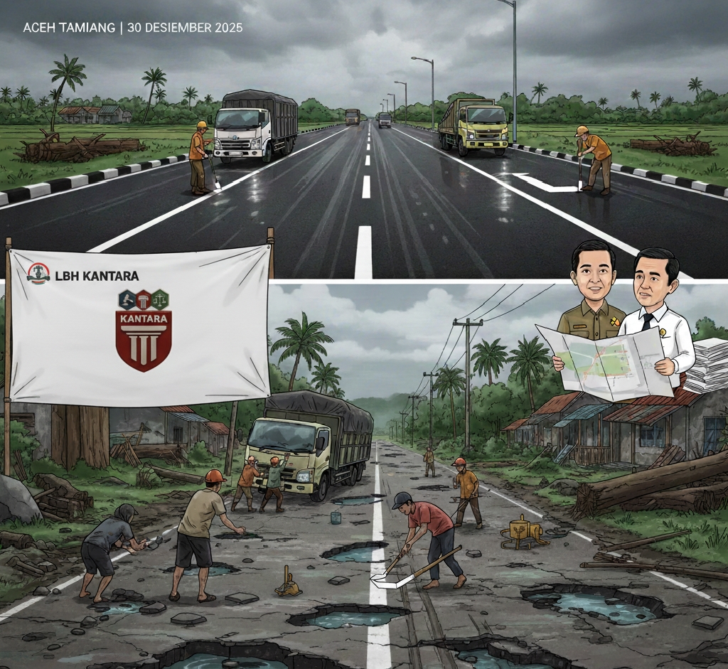 Kondisi jalan rusak berlubang dan berlumpur di Aceh Tamiang pascabencana banjir, warga melintas di jalan desa yang rusak, LBH Kantara desak Kemenko Infrastruktur dan Kementerian PU pulihkan jalan desa dan kecamatan