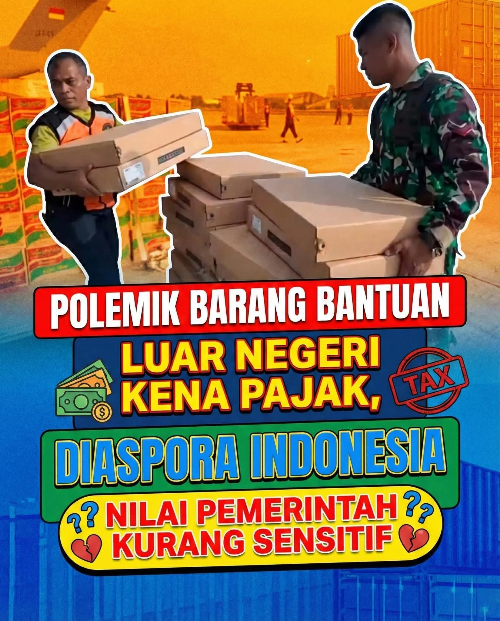 Tangkapan layar unggahan media sosial diaspora Indonesia di Singapura yang mengeluhkan bantuan kemanusiaan untuk korban bencana di Sumatra dikenakan pajak oleh Bea Cukai, memicu kritik Gadjah Puteh terhadap kebijakan pemajakan bantuan bencana
