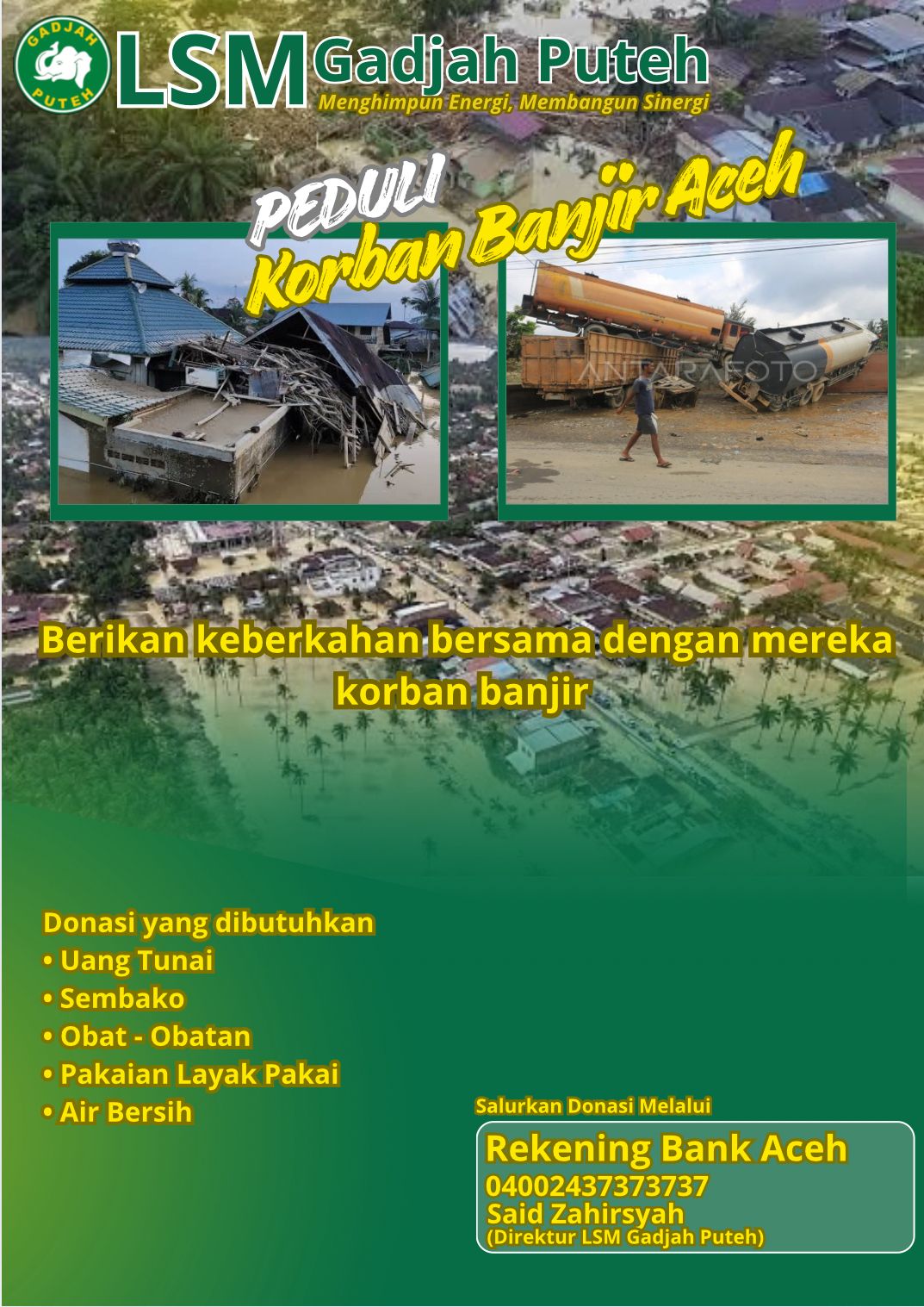 Logo dan spanduk Posko Galang Donasi Peduli Banjir Aceh Tamiang oleh DPP LSM Gadjah Puteh sebagai aksi kemanusiaan membantu korban banjir di Aceh Tamiang.
