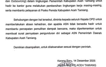 Surat pengumuman Bupati Aceh Tamiang tentang instruksi ASN masuk kerja pascabencana siklon tropis Sinyar
