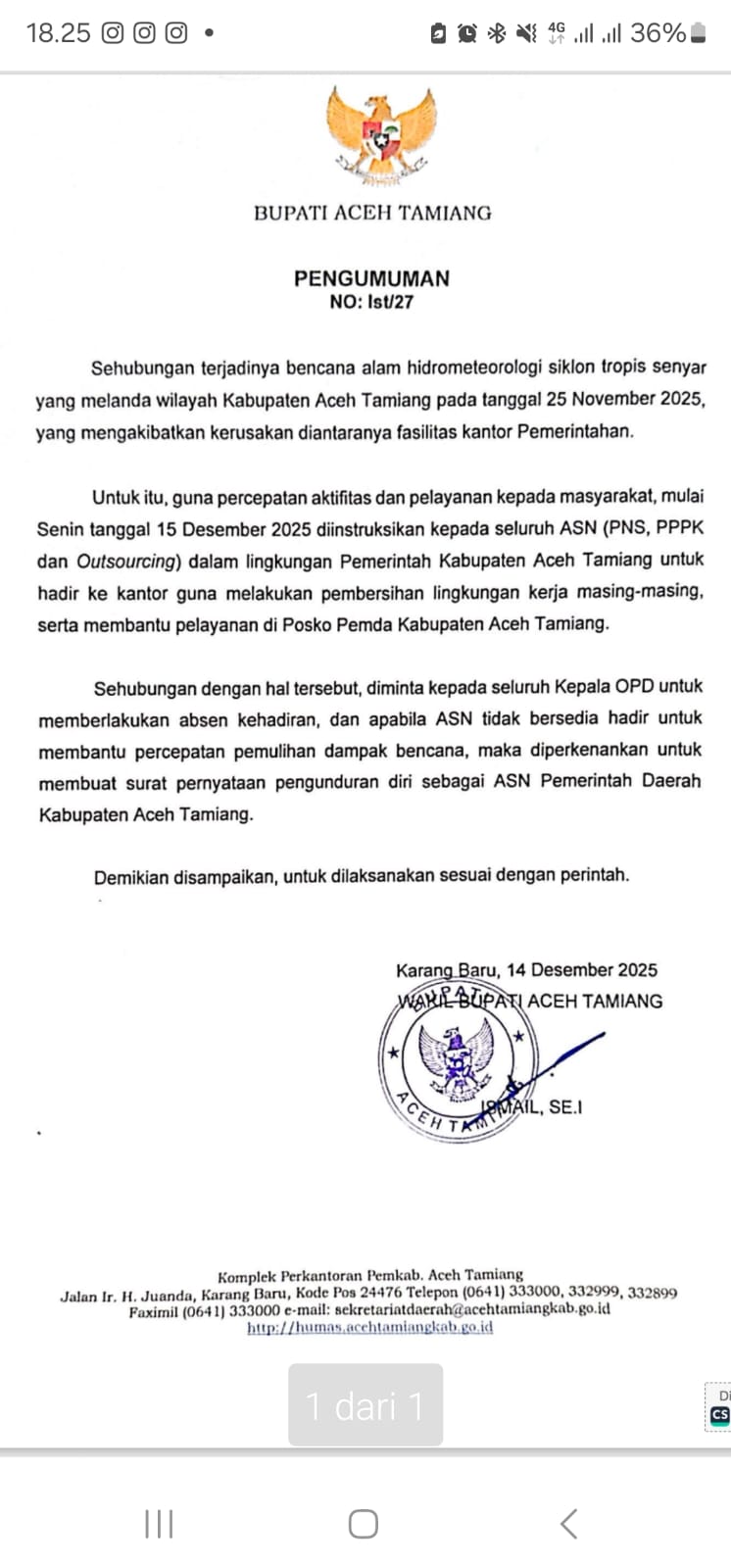 Surat pengumuman Bupati Aceh Tamiang tentang instruksi ASN masuk kerja pascabencana siklon tropis Sinyar