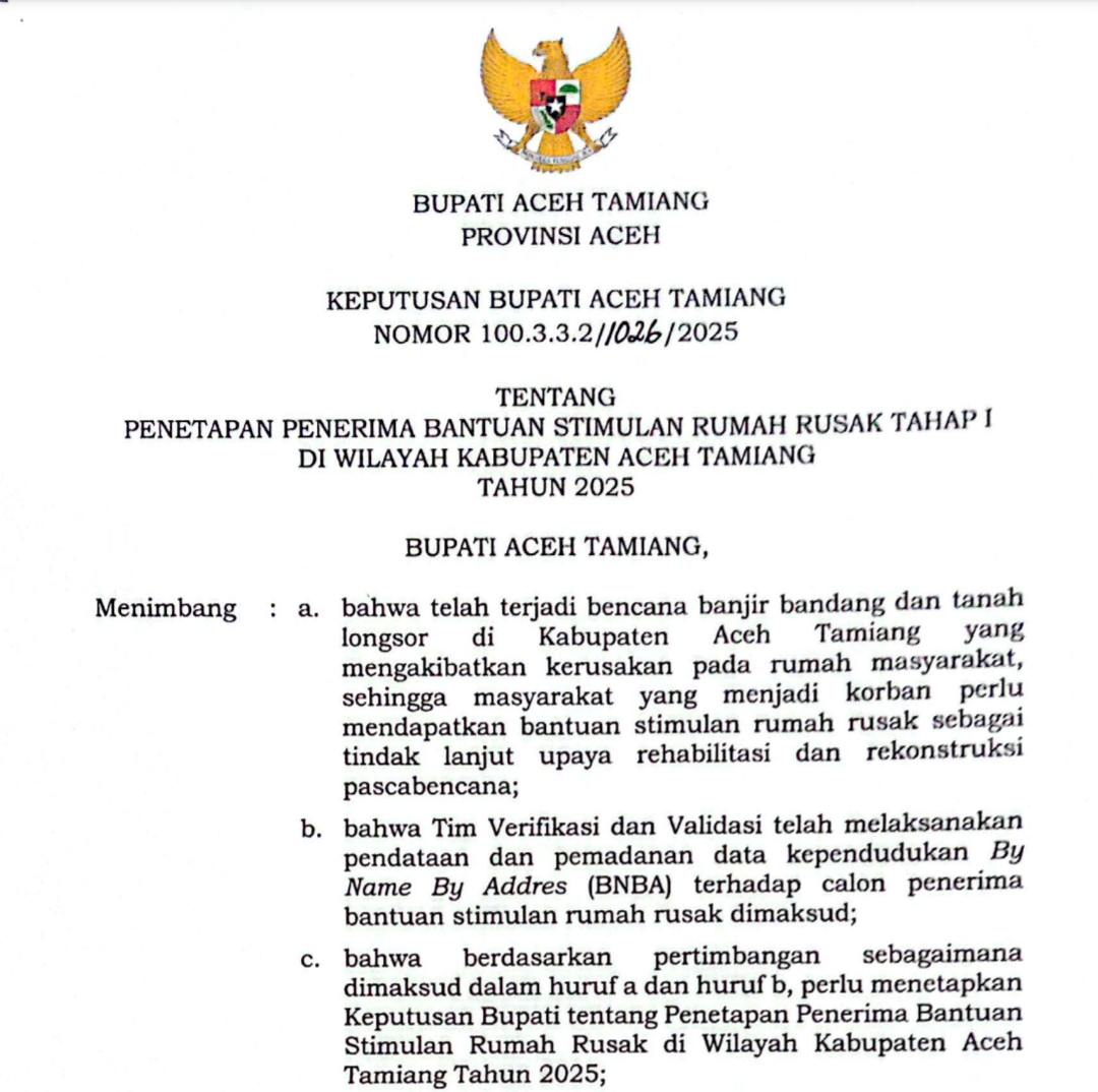 Kondisi rumah warga Aceh Tamiang pasca banjir dengan kerusakan parah pada dinding, lantai, dan struktur bangunan, LSM Gadjah Puteh menyoroti dugaan salah klasifikasi rusak ringan dan rusak berat serta meminta evaluasi data dan pengawalan aparat penegak hukum