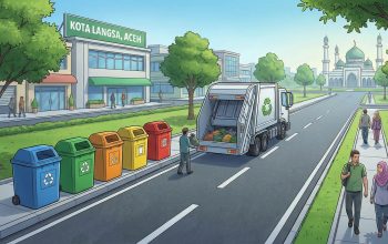 Ilustrasi warga Kota Langsa bergotong royong membersihkan sampah di lingkungan masjid sebagai wujud pengamalan kebersihan sebagian dari iman.