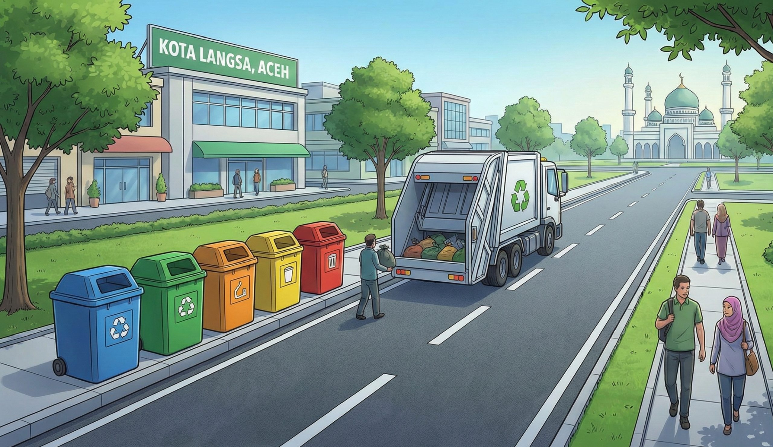 Ilustrasi warga Kota Langsa bergotong royong membersihkan sampah di lingkungan masjid sebagai wujud pengamalan kebersihan sebagian dari iman.