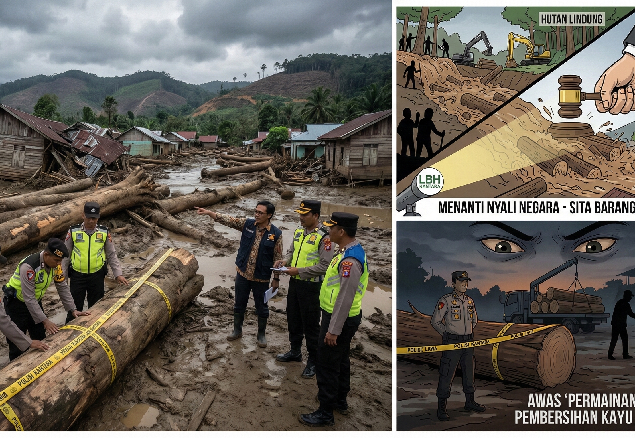 Petugas Bareskrim Polri meninjau lokasi banjir bandang Aceh Tamiang dengan tumpukan kayu gelondongan besar sebagai dugaan barang bukti kejahatan lingkungan (ecological crime)