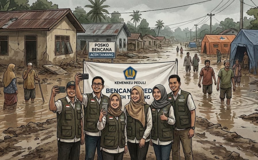 Ilustrasi kritik LSM Gadjah Puteh terhadap program Kemenkeu Peduli yang dinilai sekadar pencitraan di tengah bencana banjir,