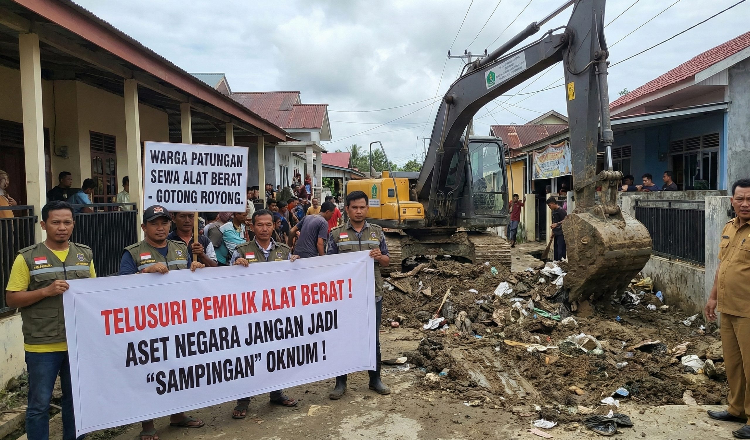 Ilustrasi warga Aceh Tamiang bergotong royong membersihkan lingkungan menggunakan alat berat sewaan dengan latar belakang peringatan dari LSM PANDORA.