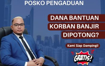 Poster Posko Pengaduan LBH Kantara Aceh Tamiang untuk kasus pemotongan dana bantuan banjir, menampilkan foto Direktur Ajie Lingga SH CGAP alias Advokat Pirang, teks Dana Bantuan Korban Banjir Dipotong Kami Siap Dampingi Gratis, dan nomor hotline pengaduan hukum.