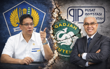 Purbaya Yudhi Sadewa dari Kementerian Keuangan dan pejabat Pusat Investasi Pemerintah berdiri berhadapan dipisahkan retakan besar dengan logo Gadjah Puteh terbelah di tengah sebagai simbol desakan publik terhadap lambannya bantuan UMKM korban bencana Aceh