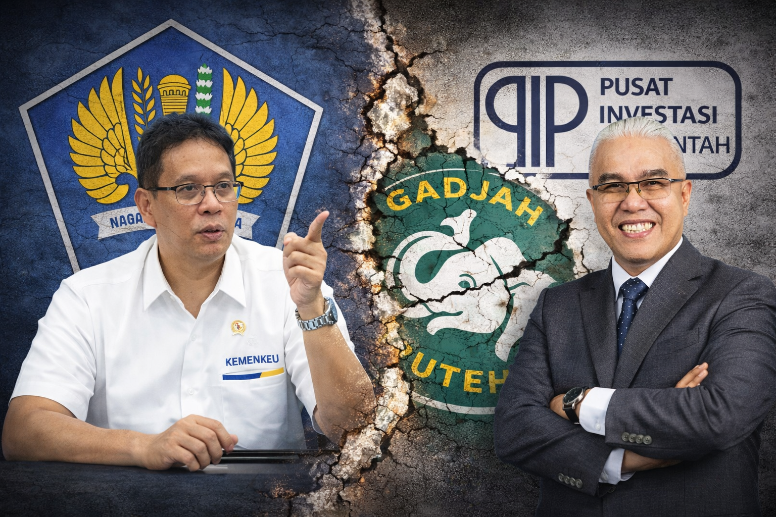 Purbaya Yudhi Sadewa dari Kementerian Keuangan dan pejabat Pusat Investasi Pemerintah berdiri berhadapan dipisahkan retakan besar dengan logo Gadjah Puteh terbelah di tengah sebagai simbol desakan publik terhadap lambannya bantuan UMKM korban bencana Aceh