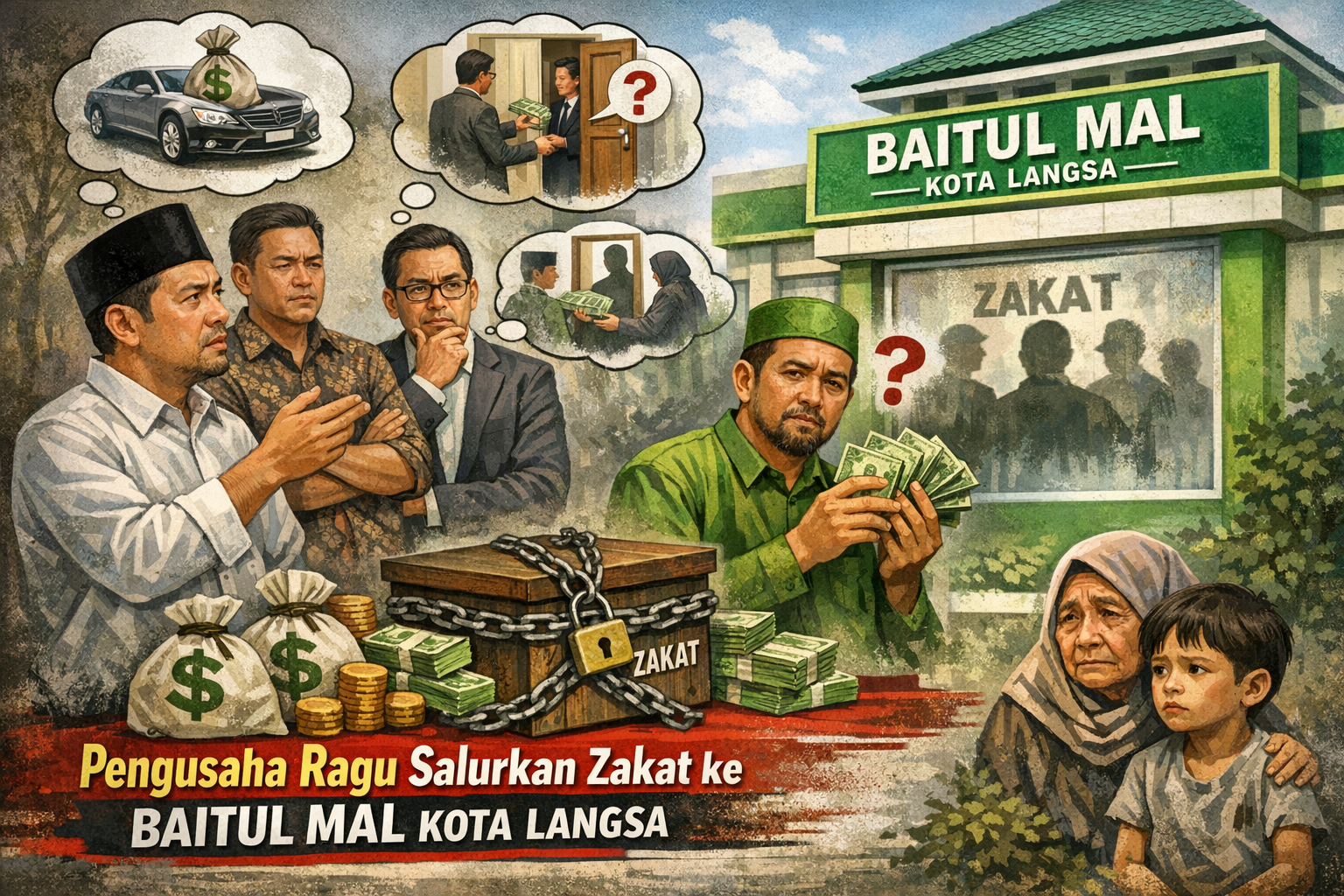 Ilustrasi pengusaha di Kota Langsa yang ragu menyalurkan zakat ke Baitul Mal karena isu kurangnya transparansi dalam pengelolaan dan penyaluran dana kepada masyarakat yang membutuhkan.