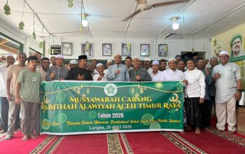 Suasana Muscab Rabithah Alawiyah Aceh Timur Raya 2026 di Markaz Az Zabidie Langsa yang dihadiri para habaib dan tokoh masyarakat.