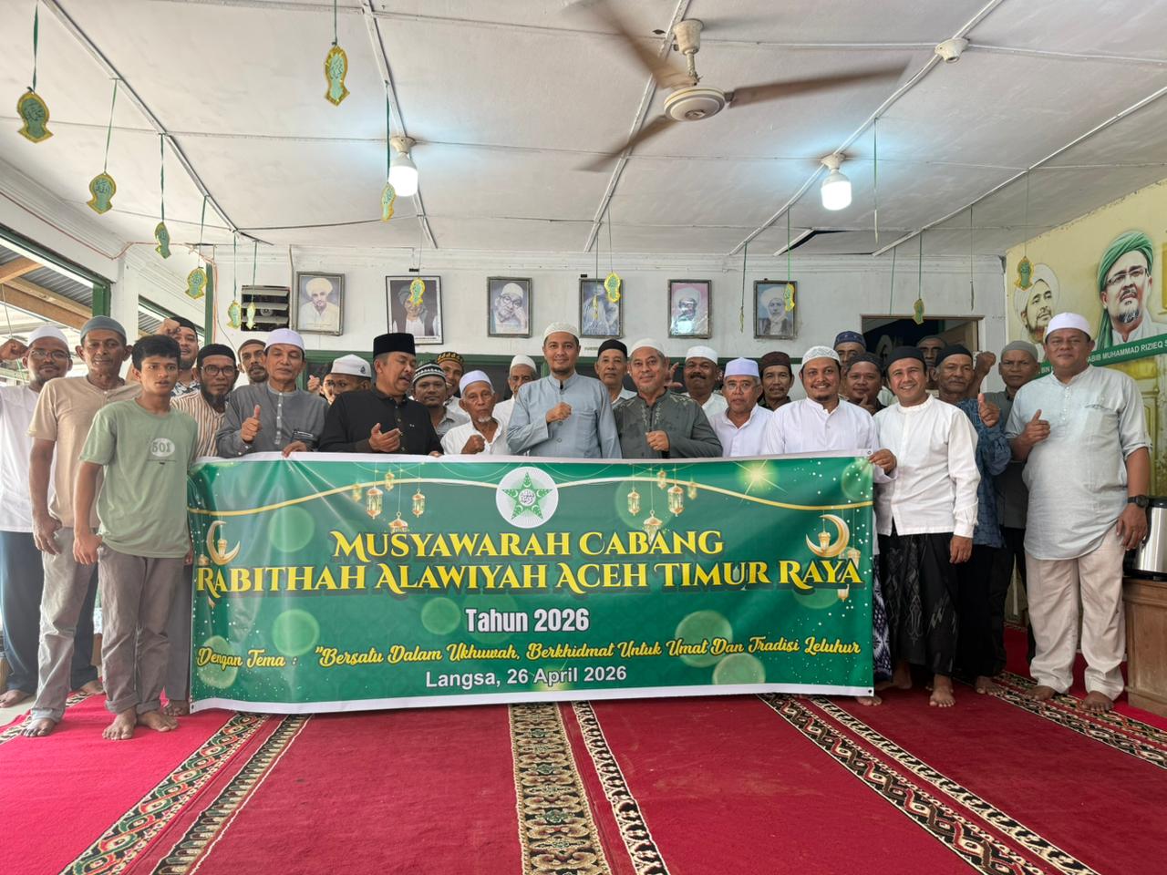 Suasana Muscab Rabithah Alawiyah Aceh Timur Raya 2026 di Markaz Az Zabidie Langsa yang dihadiri para habaib dan tokoh masyarakat.