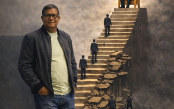 Ilustrasi Said Zahirsyah mengamati tangga karier menuju puncak kekuasaan dengan simbol dominasi alumni D3 STAN dan logo Bea Cukai di latar belakang