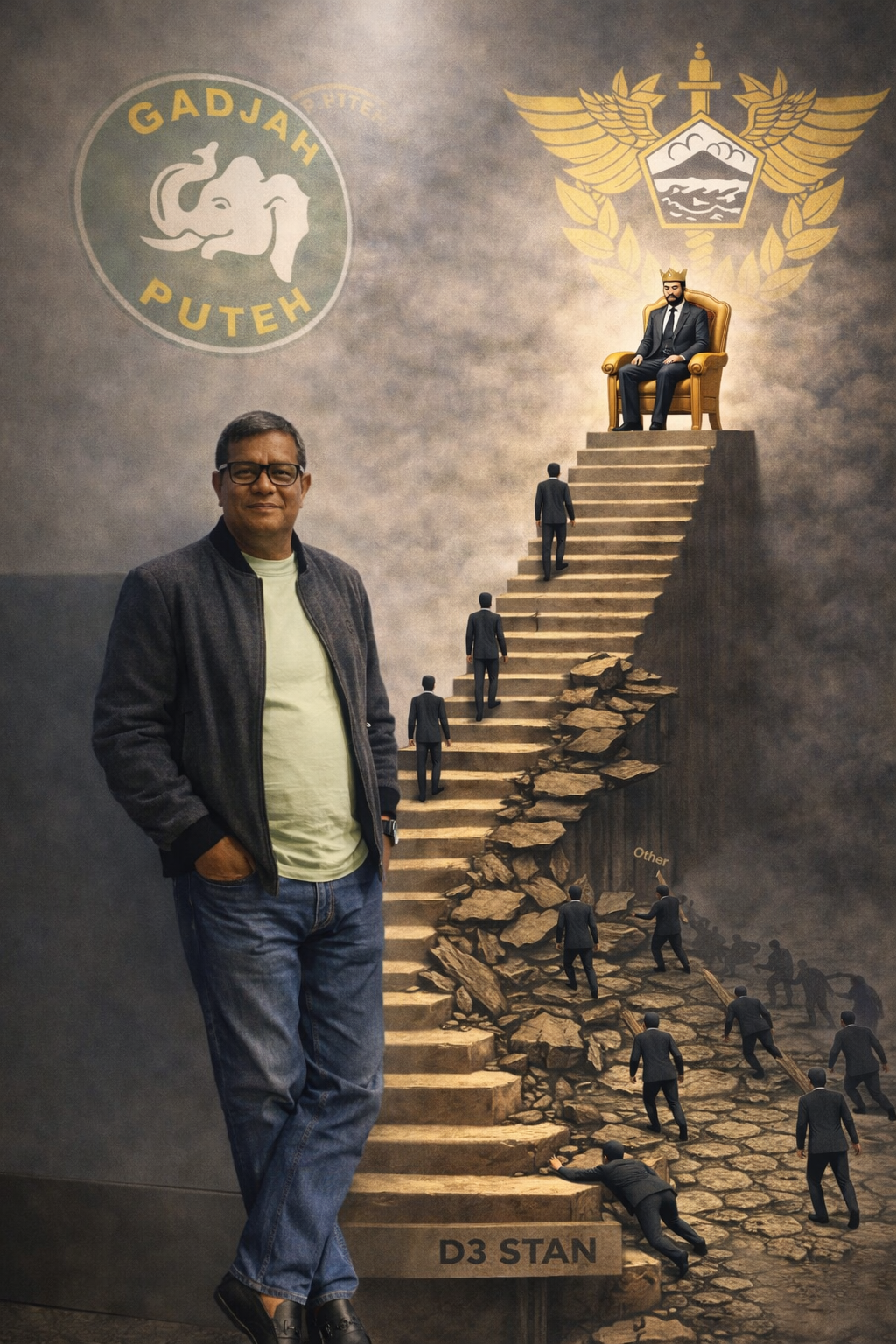 Ilustrasi Said Zahirsyah mengamati tangga karier menuju puncak kekuasaan dengan simbol dominasi alumni D3 STAN dan logo Bea Cukai di latar belakang