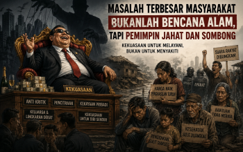 Ilustrasi seorang pemimpin berdiri di kursi kekuasaan dengan bayangan gelap di belakangnya, sementara masyarakat kecil terlihat kesulitan dan tertekan, menggambarkan kesombongan dan ketidakpedulian penguasa terhadap rakyat.