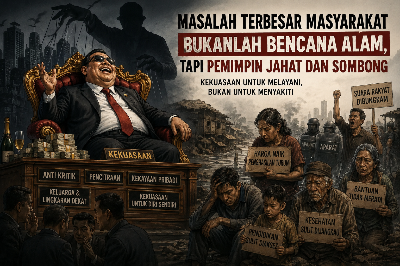 Ilustrasi seorang pemimpin berdiri di kursi kekuasaan dengan bayangan gelap di belakangnya, sementara masyarakat kecil terlihat kesulitan dan tertekan, menggambarkan kesombongan dan ketidakpedulian penguasa terhadap rakyat.