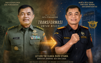 Potret transformasi Letjen TNI Djaka Budi Utama dari seragam militer TNI menuju seragam Direktorat Jenderal Bea dan Cukai dengan latar merah serta ilustrasi pengabdian untuk reformasi institusi dan penguatan penerimaan negara.
