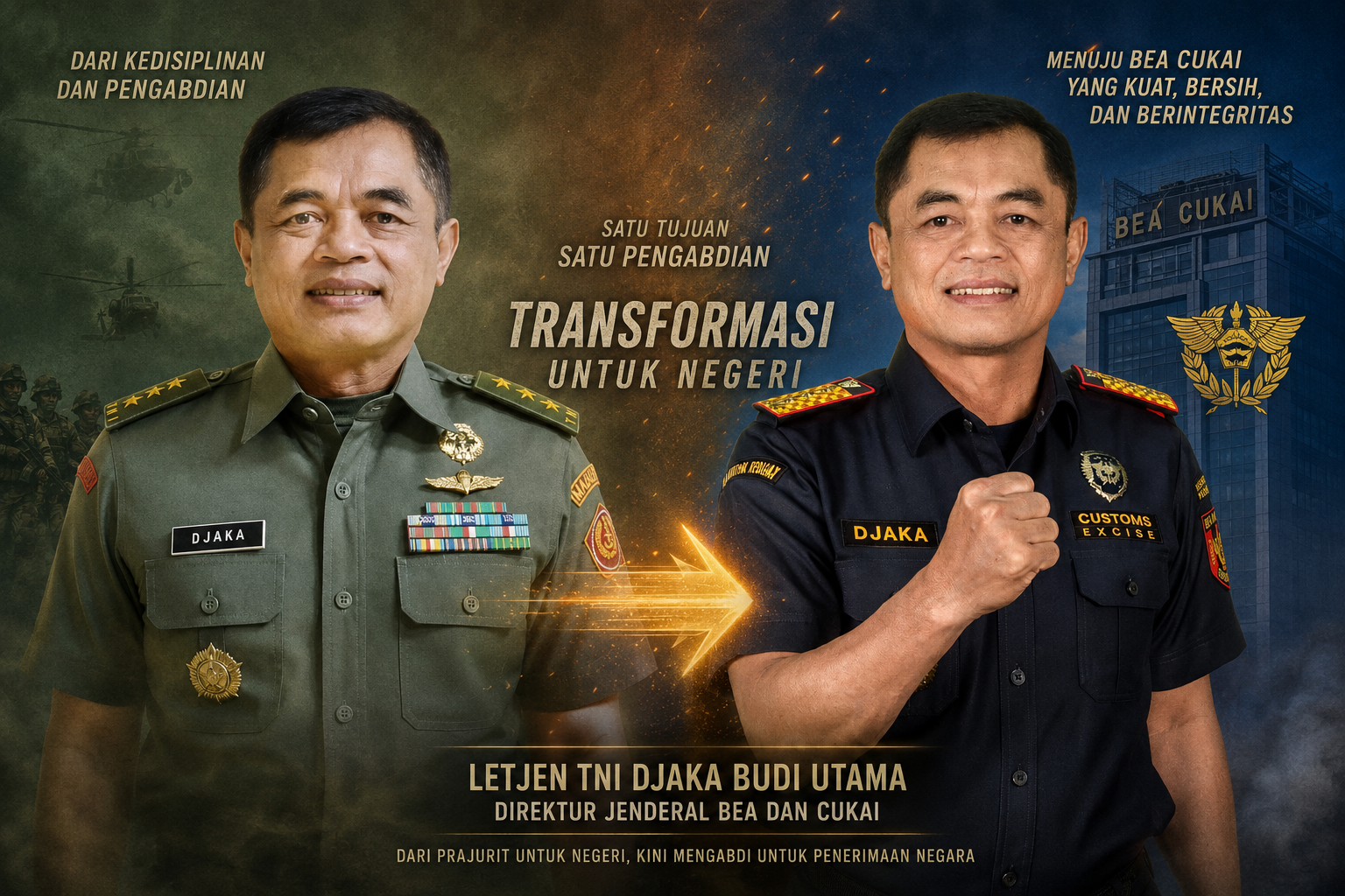 Potret transformasi Letjen TNI Djaka Budi Utama dari seragam militer TNI menuju seragam Direktorat Jenderal Bea dan Cukai dengan latar merah serta ilustrasi pengabdian untuk reformasi institusi dan penguatan penerimaan negara.